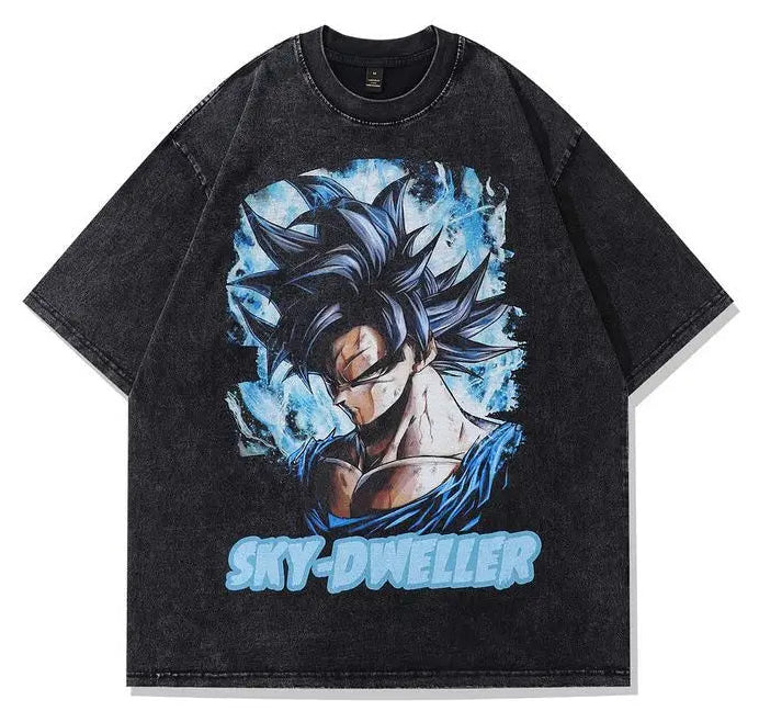 Sky Energy Anime Graphic Oversized Washed Cotton Casual Streetwear T-Shirt