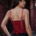 Crimson Red Lace and Sheer Mesh Bustier with Front Hook Closure