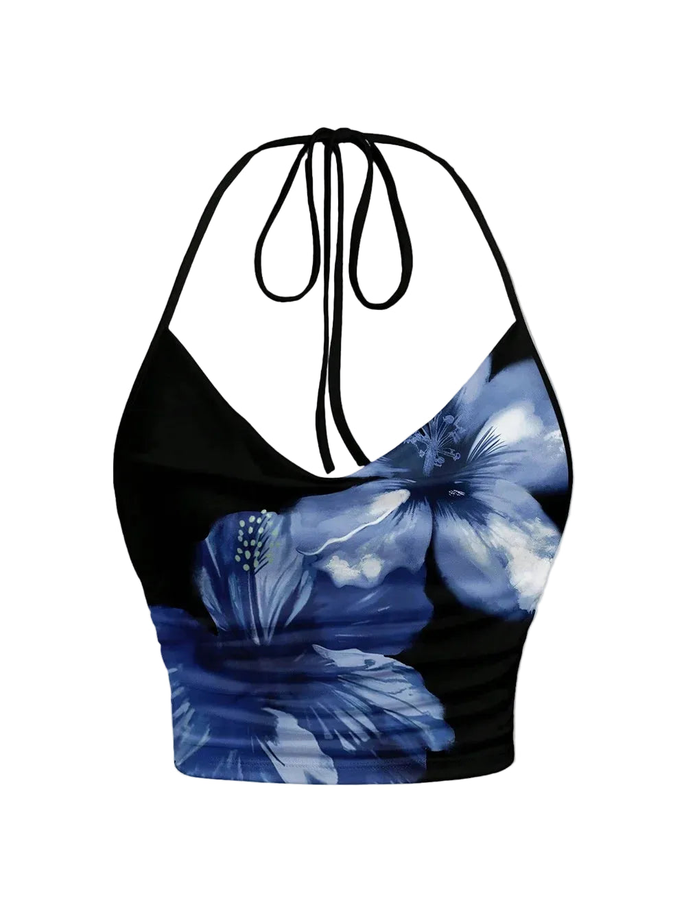 Floral Print Halter Crop Top with Open Back Ruched Streetwear Style