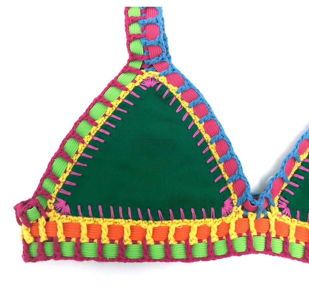 Deep Emerald Green Crochet Bikini Set with Multi-Color Woven Edging