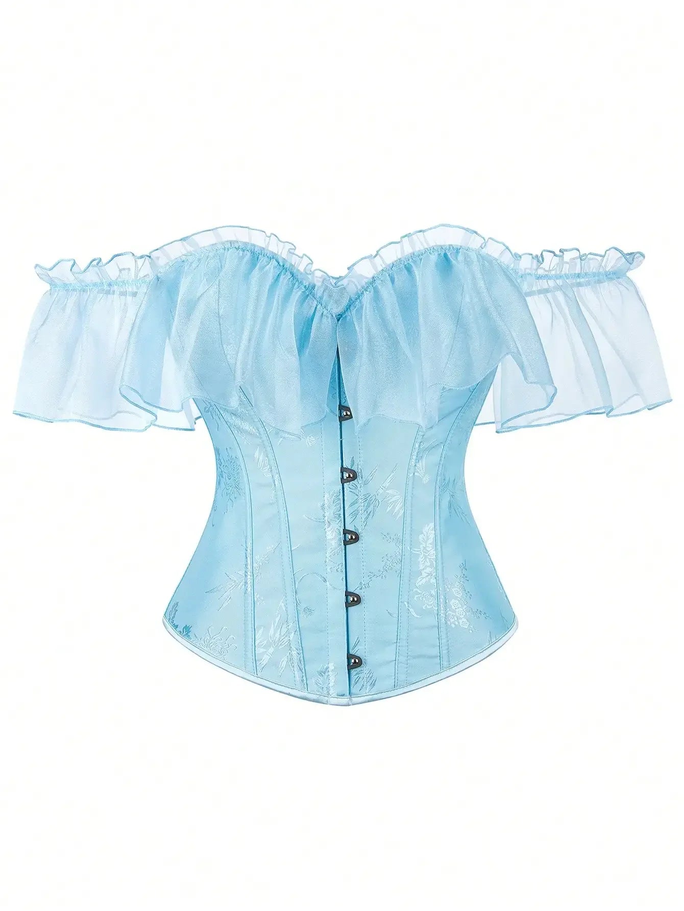 Off-Shoulder Floral Corset Top with Sheer Ruffle Sleeves and Structured Fit
