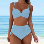 Emerald Green Cross-Front Bikini Set with Ruched High-Waisted Bottoms