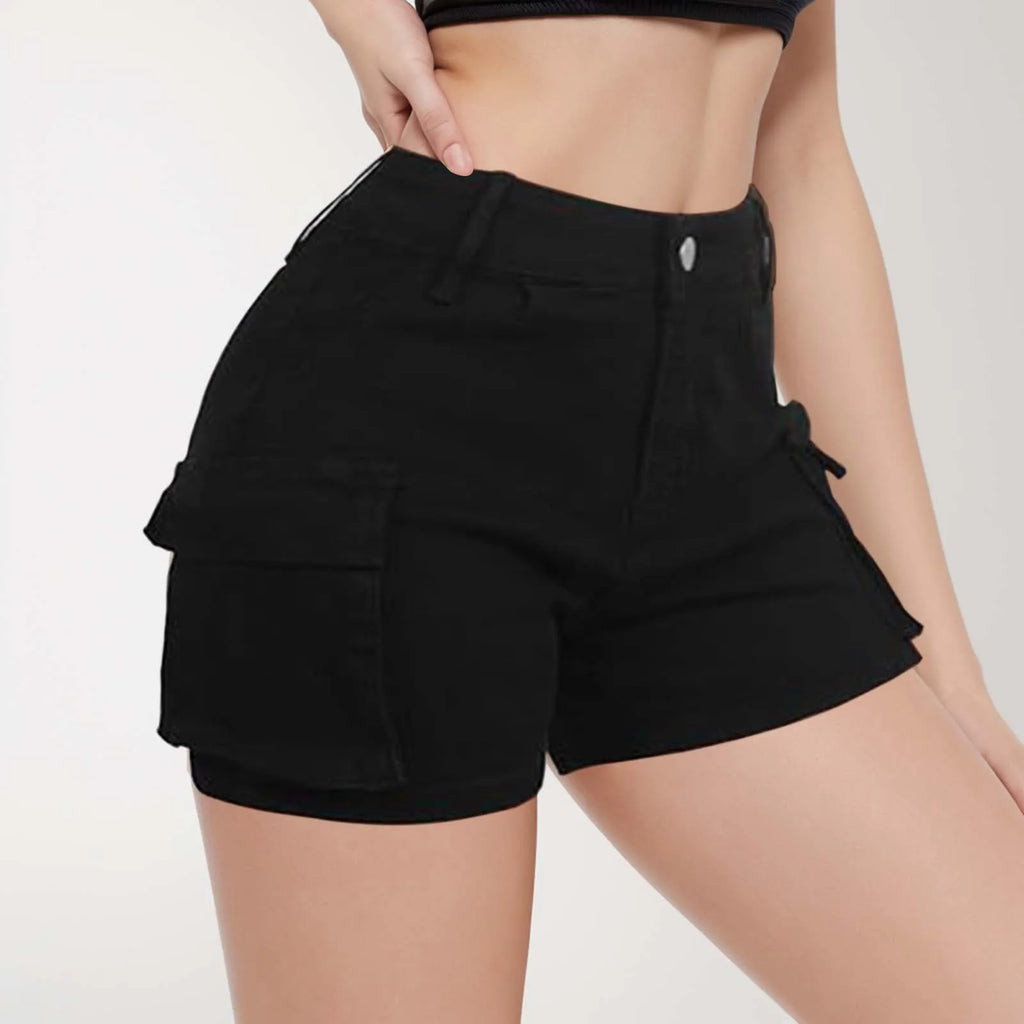 Women's High Waist Denim Style Shorts with Utility Pockets and Structured Everyday Fit