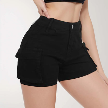 Women's High Waist Denim Style Shorts with Utility Pockets and Structured Everyday Fit