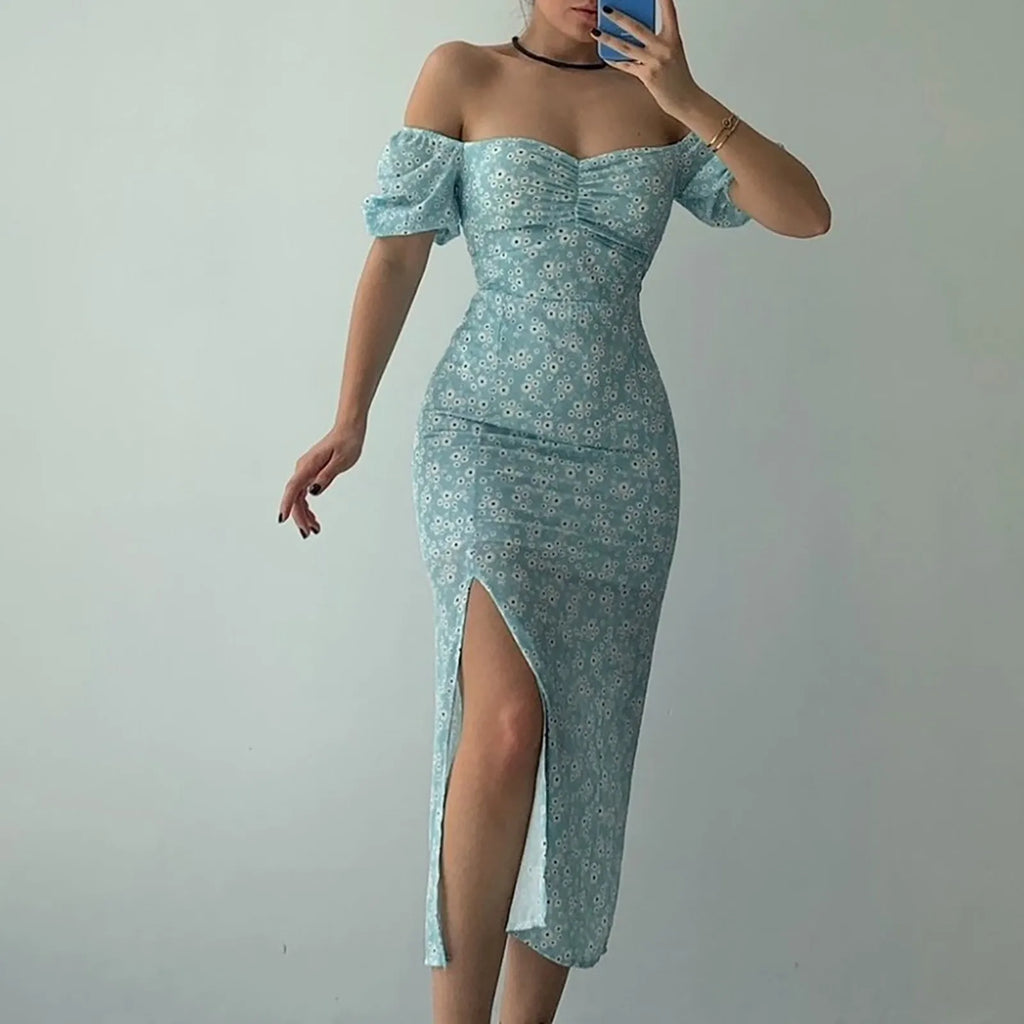 Off Shoulder Floral Maxi Dress with Side Slit and Bodycon Silhouette