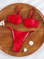 Crimson Red Triangle Bikini Set with Ruched Detailing and Gold-Tone Hardware