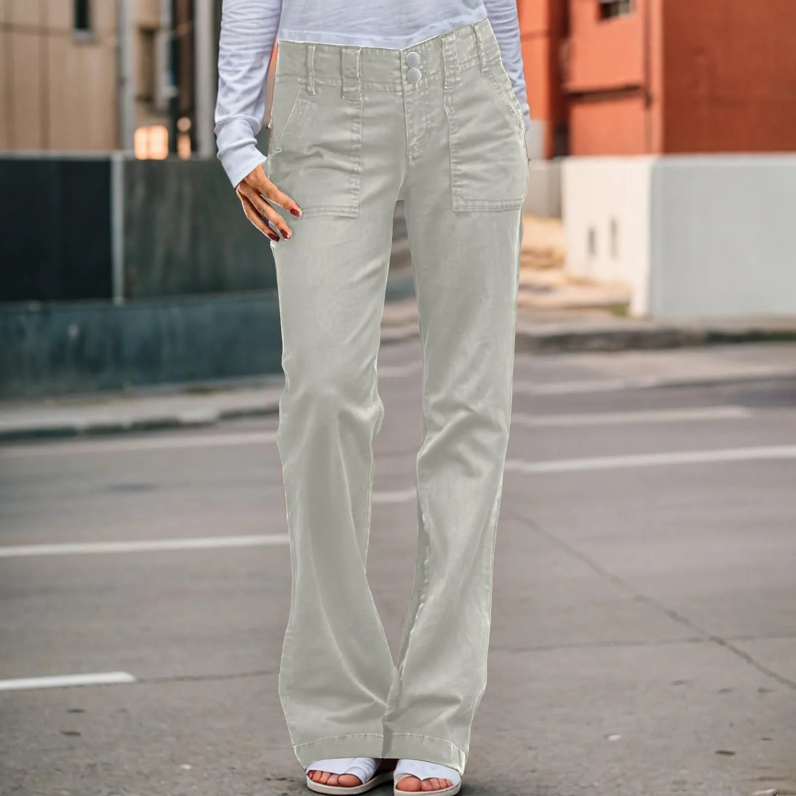 Women's High Rise Wide Leg Light Wash Denim Jeans with Double Button Waist Design