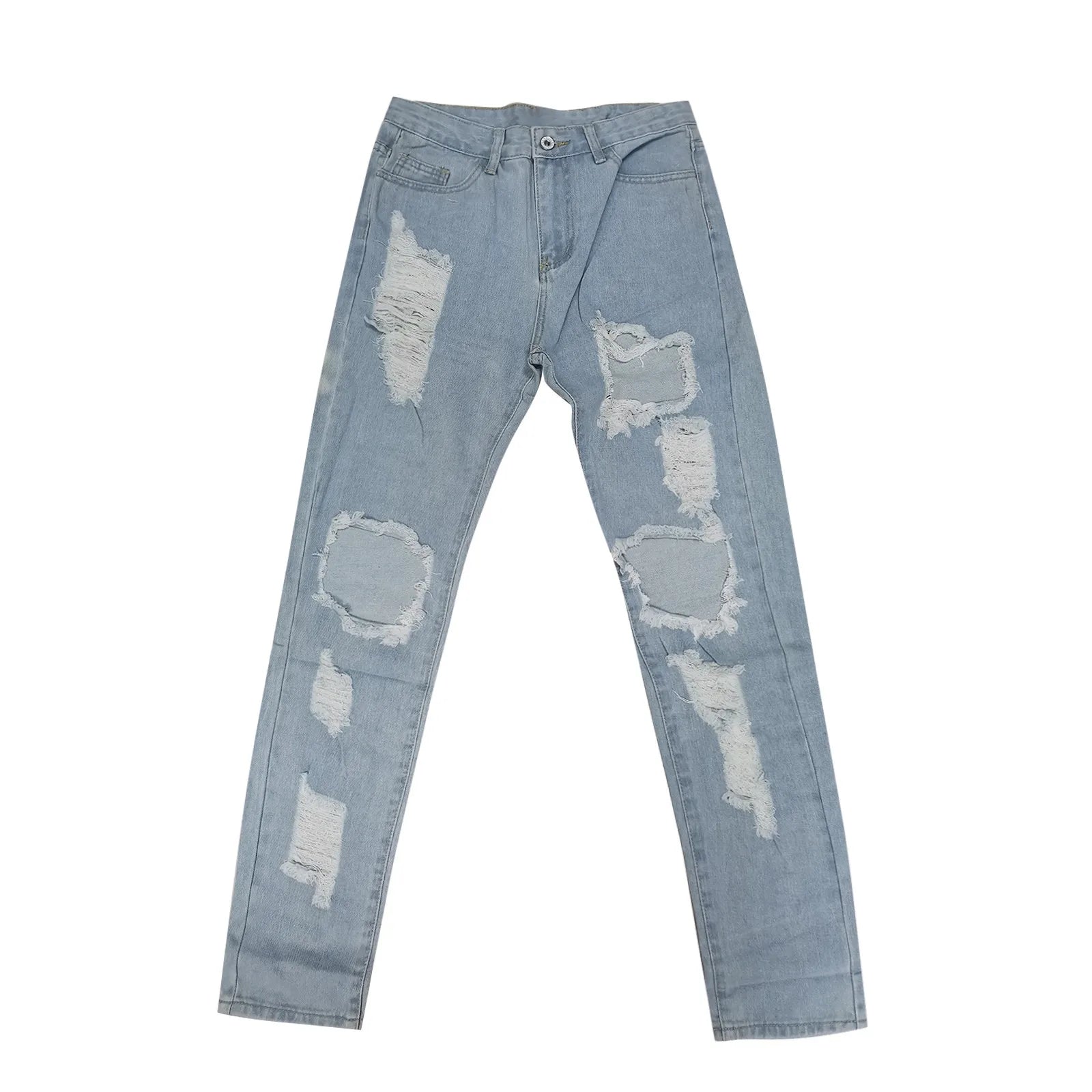 Women's Distressed Straight Leg Denim Jeans with Frayed Ripped Details and Relaxed Fit