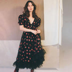 Strawberry Embroidered Pink Tulle Maxi Dress with Puff Sleeves and Ruffled Hem