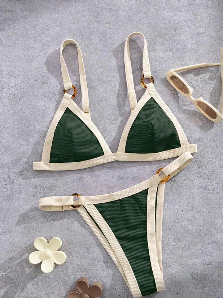 Textured Taupe Bikini with Contrast White Piping and Hardware Accents