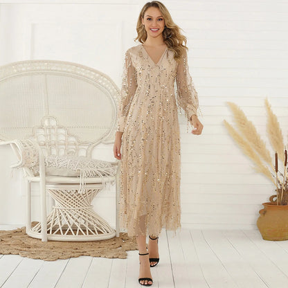Deep V Neck Tassel Detail Maxi Dress with Elegant Long Sleeves