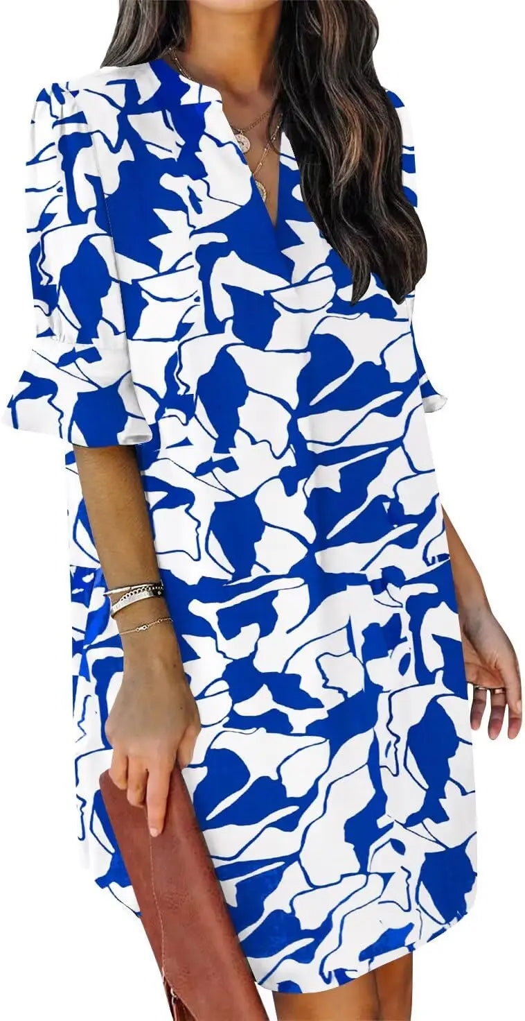 Oversized V-Neck Mini Dress with Ruffle Sleeves Contemporary Casual Streetwear Style
