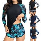 Two-Piece Long Sleeve Rash Guard Swimsuit with Tropical Botanical Print and Boy Shorts
