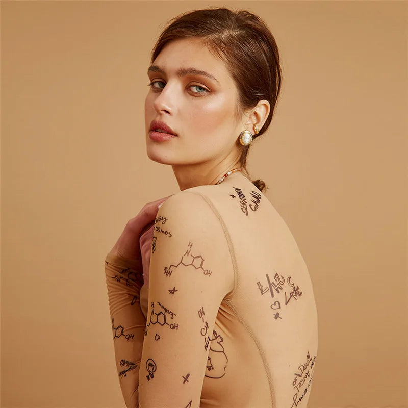 Gothic Printed Long Sleeve Mock Neck Bodycon Bodysuit for Alternative Fashion