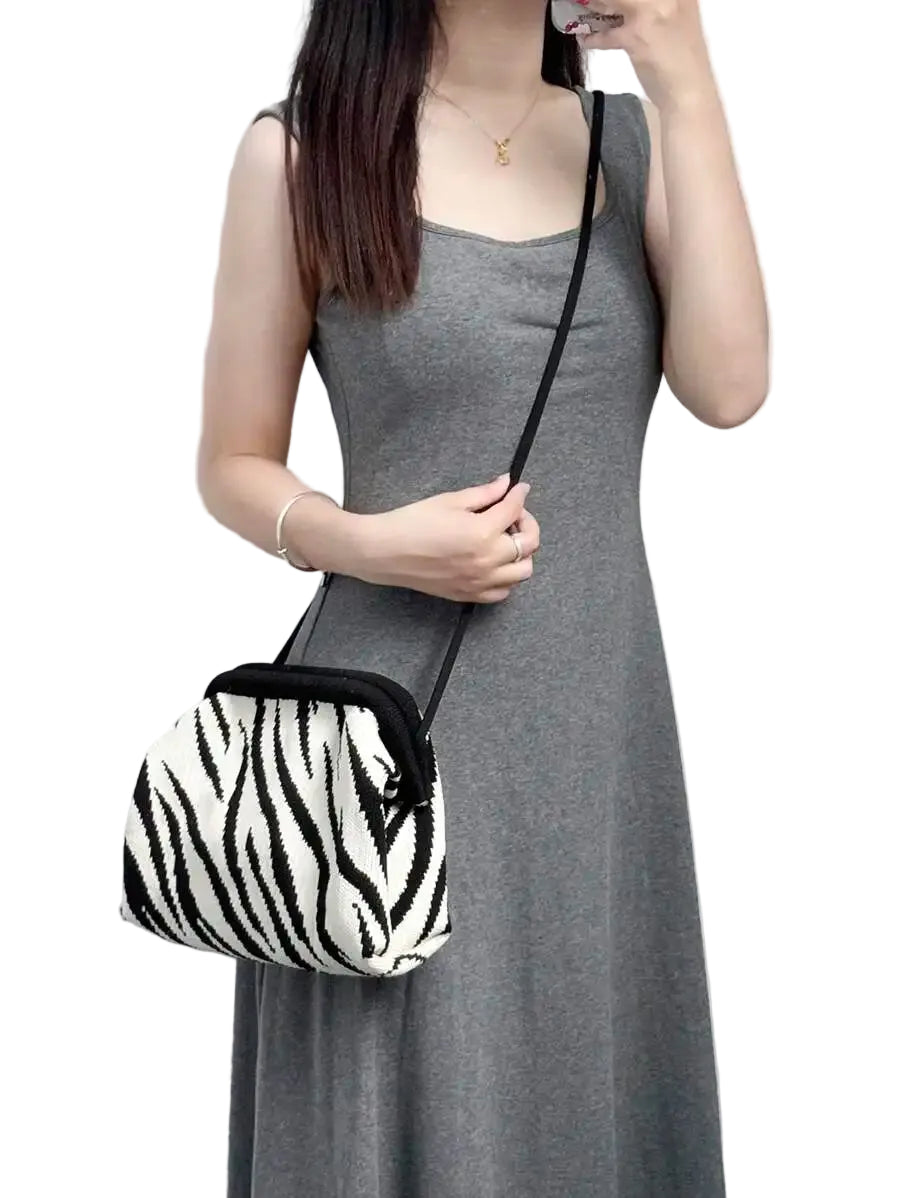 Animal Pattern Knit Clutch Bag with Compact Shoulder Carry Design