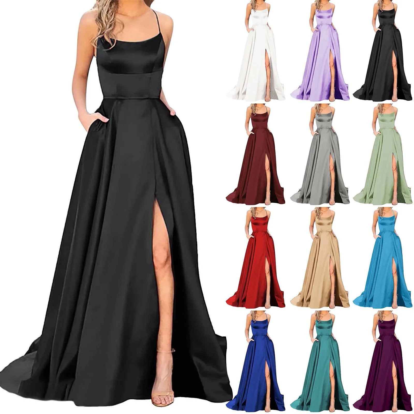 Spaghetti Strap Maxi Dress with Open Back Design and Side Slit Detail