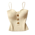 Ribbed Button Front Crop Top with Spaghetti Straps Contemporary Streetwear Style