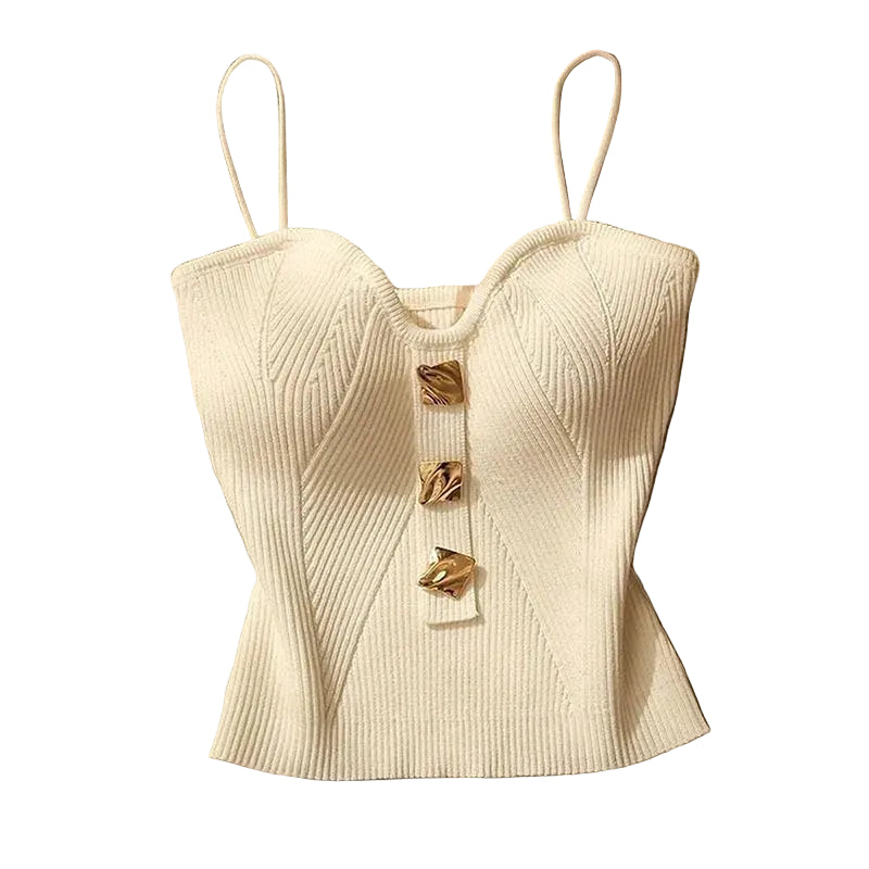 Ribbed Button Front Crop Top with Spaghetti Straps Contemporary Streetwear Style