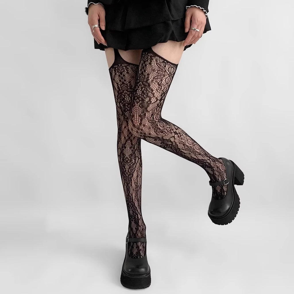 Floral Fishnet Suspender Tights Alternative Punk Fashion Garter Style Hosiery