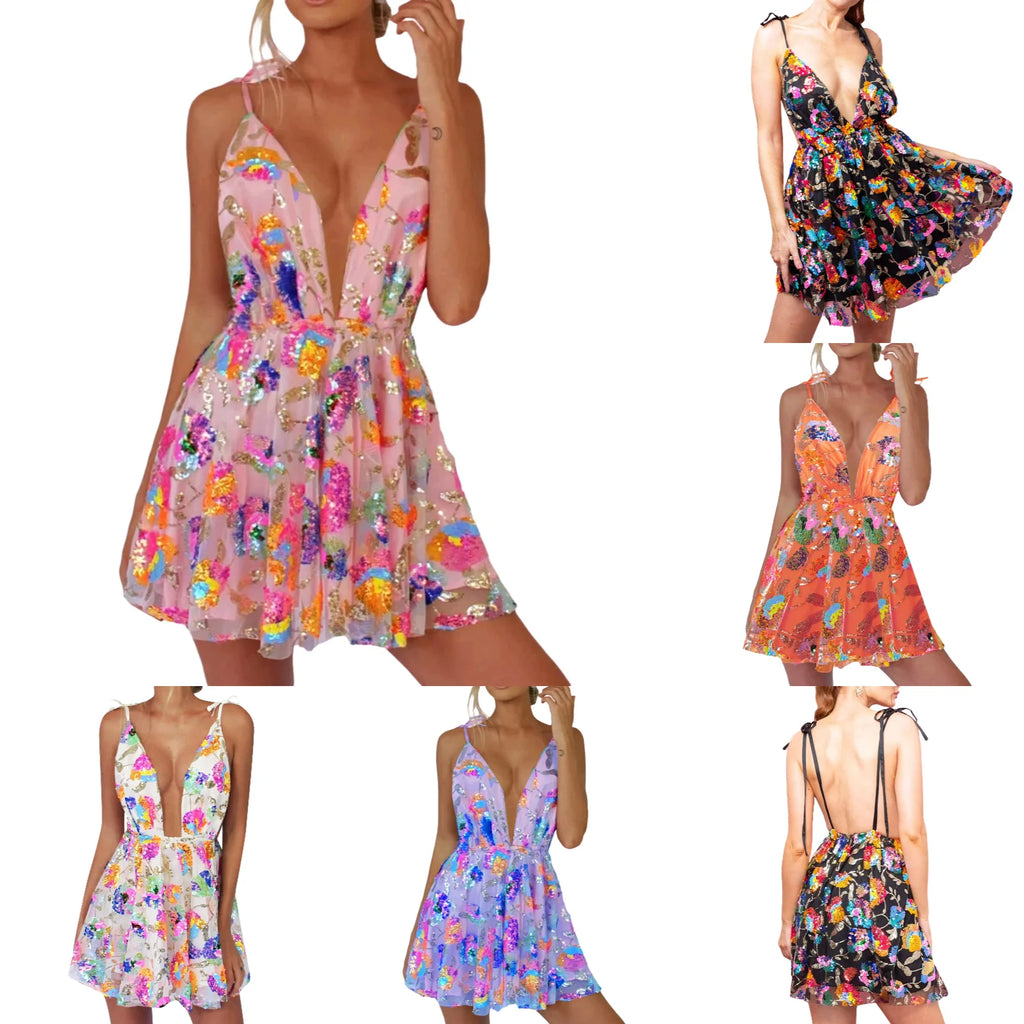 Vibrant Floral Print Plunging V-Neck Mini Dress with Tie Straps and Open Back