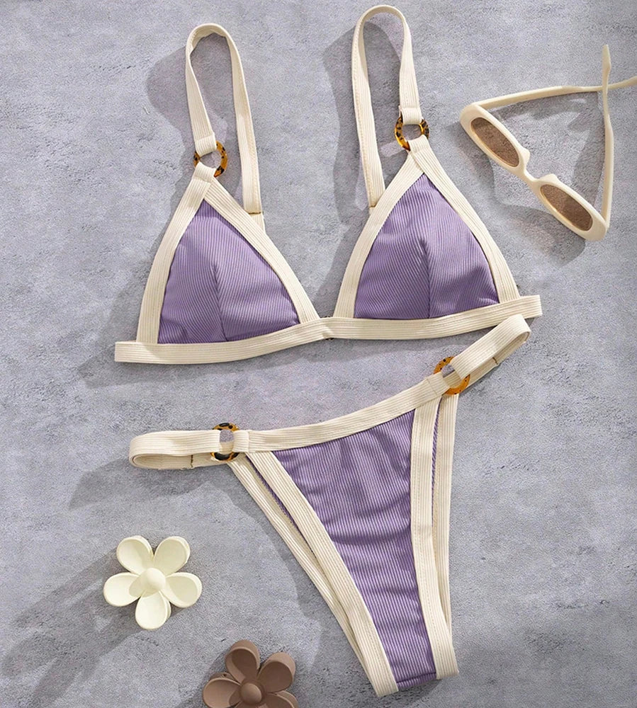 Textured Taupe Triangle Bikini with White Contrast Piping and Ring Hardware