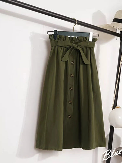High Waist Pleated Midi Skirt with Button Front Elegant Contemporary Everyday Fashion