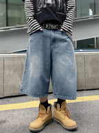 Men's Wide Leg Stonewashed Denim Shorts with Relaxed Knee Length Casual Streetwear Fit
