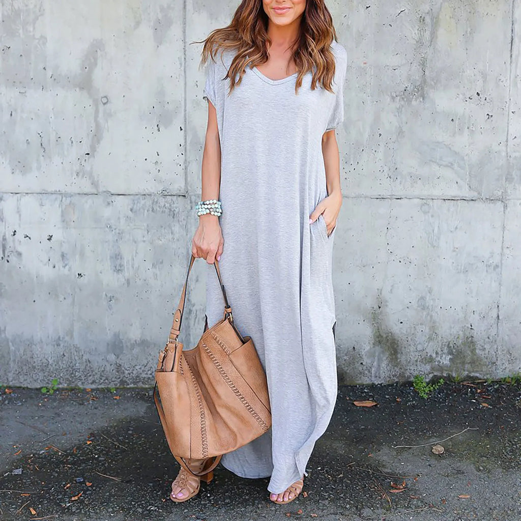 Oversized Short Sleeve Maxi Dress with Side Slit Relaxed Silhouette