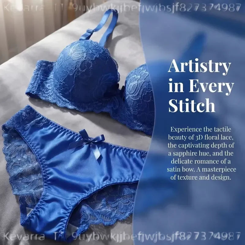 Cobalt Blue Floral Lace Contour Push-Up Bra and Matching Hipster Panty Set