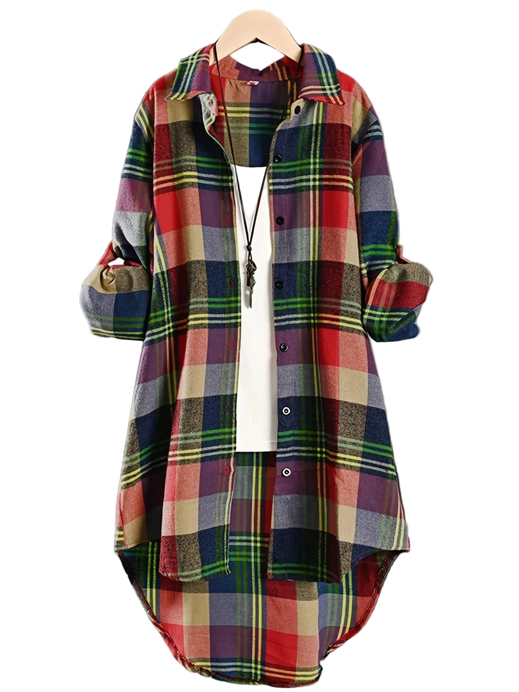 Colorful Tartan Plaid Oversized Tunic Shirt with High-Low Curved Hem
