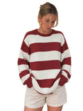 Women's Oversized Striped Knit Sweater with Relaxed Crew Neck Silhouette