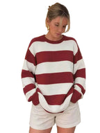 Women's Oversized Striped Knit Sweater with Relaxed Crew Neck Silhouette