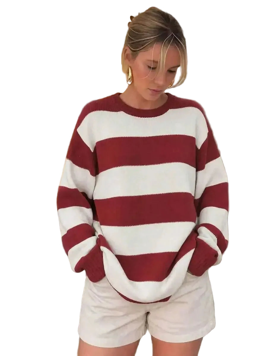 Women's Oversized Striped Knit Sweater with Relaxed Crew Neck Silhouette