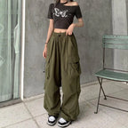 Women's Low-Rise Drawstring Wide-Leg Cargo Sweatpants with Utility Pocket Streetwear Style