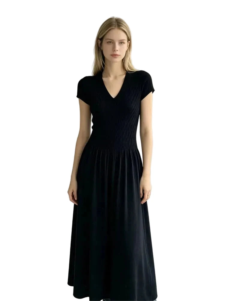 Elegant Short-Sleeve Smocked A-Line Midi Dress in Classic Black
