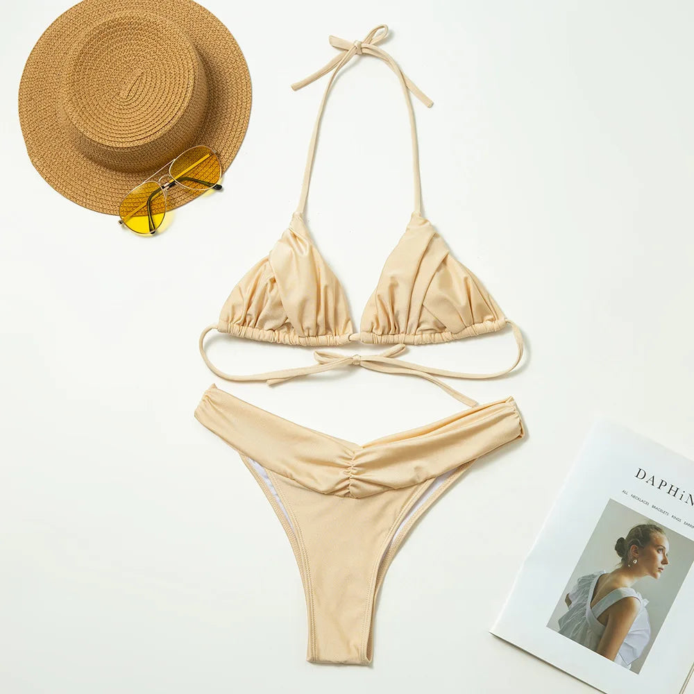 Solid Black Ruched Triangle String Bikini with Gathered Detailing