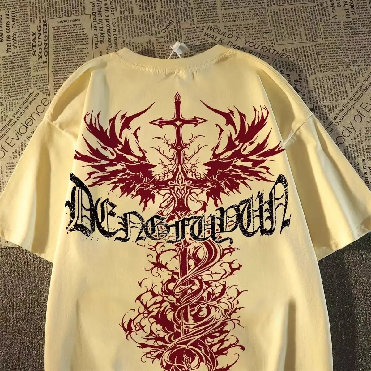 Oversized Gothic Cross Graphic Streetwear T-Shirt with Distressed Artwork Print