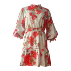 Long-Sleeve Floral Midi Dress with Mock Neckline and Gathered Cuffs