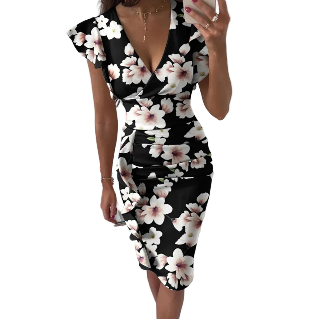 Form-Fitting Black Floral Midi Dress with Flutter Sleeves and Ruched Side Detailing