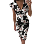 Form-Fitting Black Floral Midi Dress with Flutter Sleeves and Ruched Side Detailing
