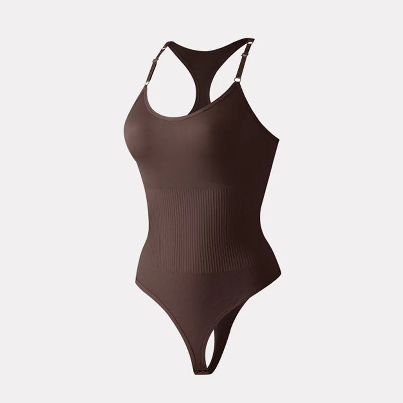 Seamless Racerback Thong Bodysuit in Versatile Beige