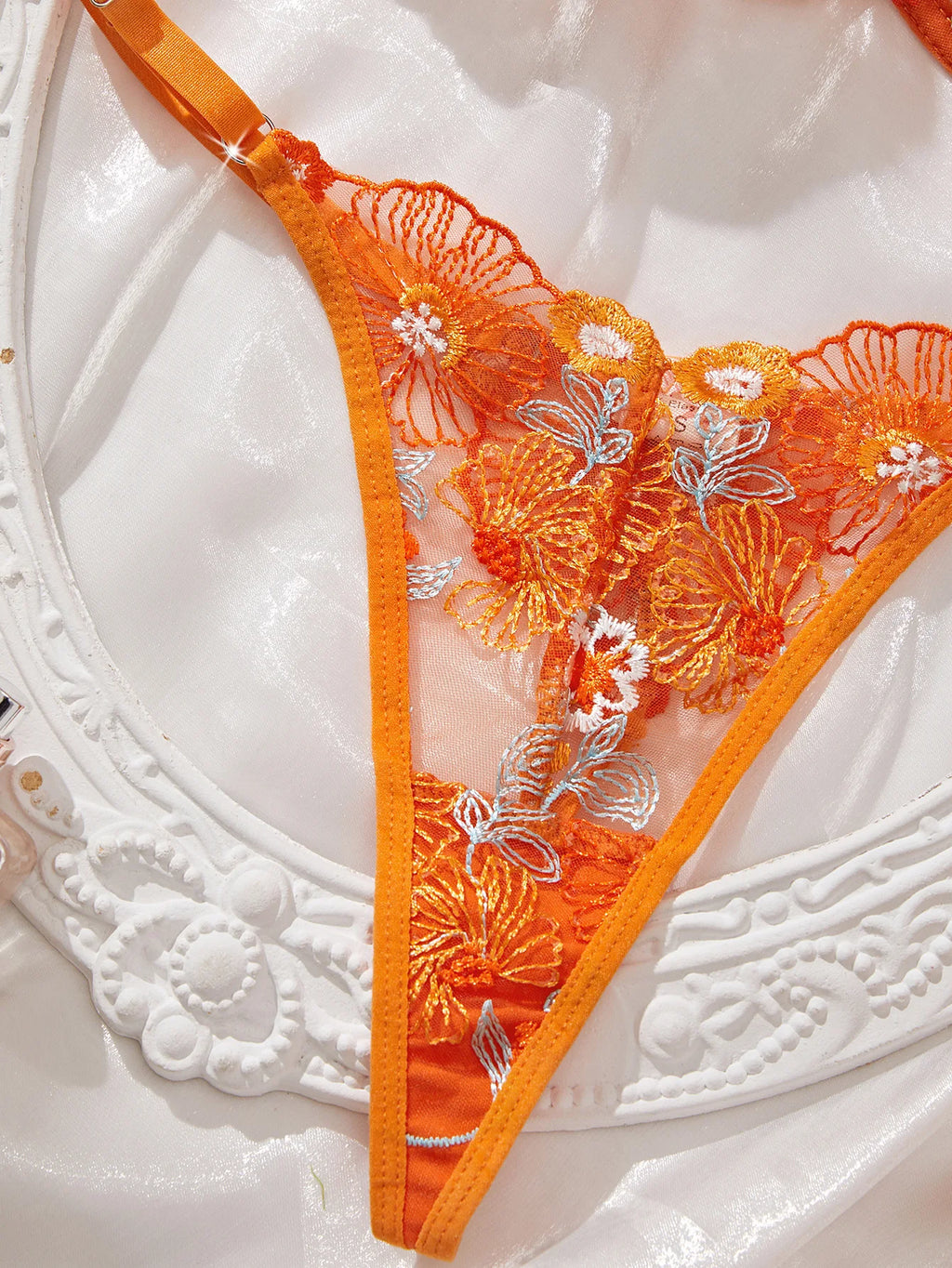 Vibrant Tangerine Sheer Mesh and Heavy Floral Embroidered Lingerie Set