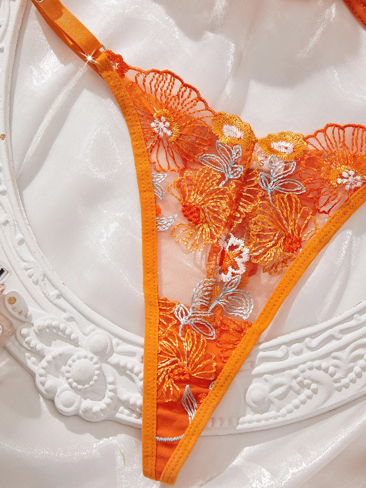 Vibrant Tangerine Sheer Mesh and Heavy Floral Embroidered Lingerie Set