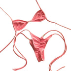 Minimalist Coral Pink Triangle String Bikini with Pearl Embellishments