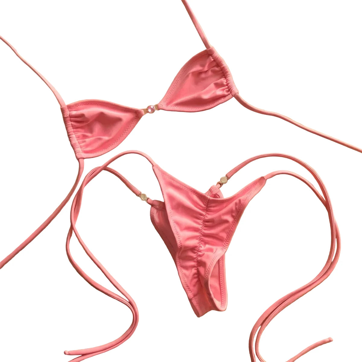 Minimalist Coral Pink Triangle String Bikini with Pearl Embellishments