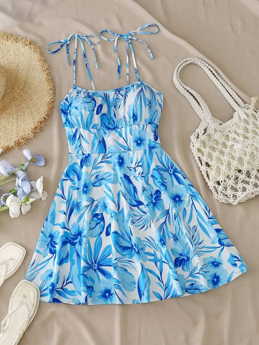 Floral Print Tie Strap A-Line Mini Dress with Lightweight Summer Silhouette