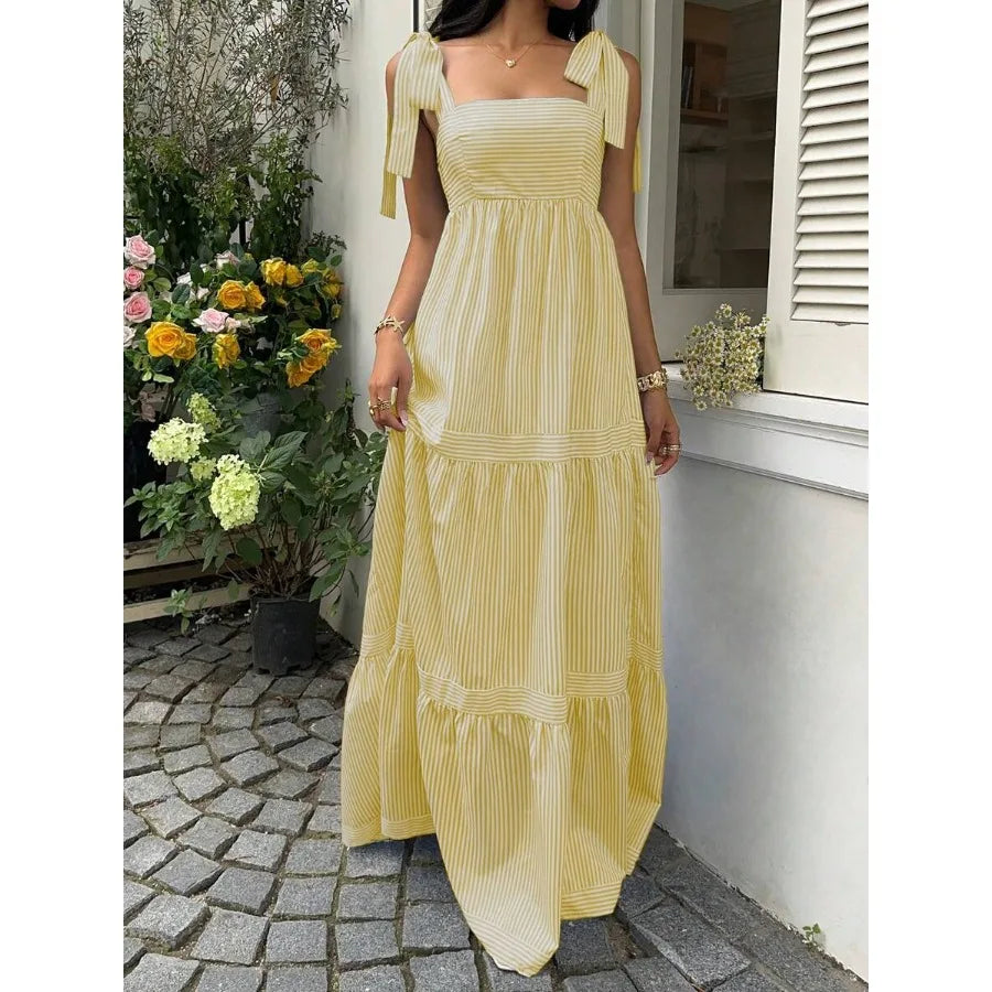 Square Neck Sleeveless Maxi Dress with Open Back and Tie Detail