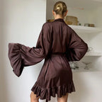 Elegant Chocolate Brown Satin-Finish Sleepwear Set with Lace-Trimmed Chemise and Matching Robe