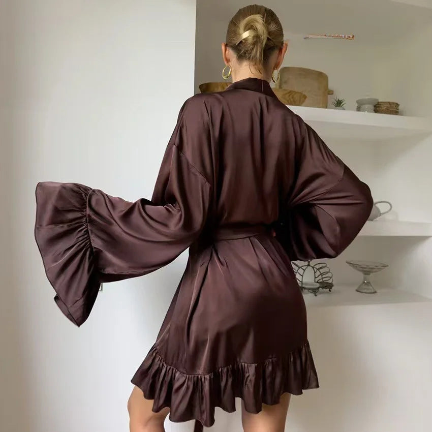 Elegant Chocolate Brown Satin-Finish Sleepwear Set with Lace-Trimmed Chemise and Matching Robe