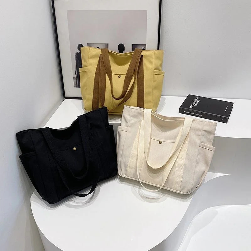 Large Capacity Canvas Tote Shoulder Bag with Multi Pocket Design